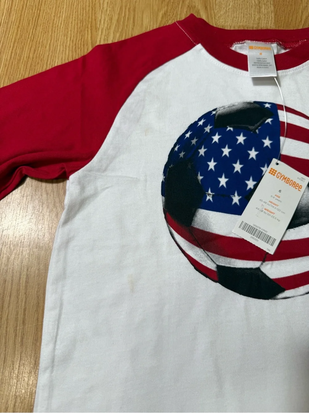 Kids Red & White Raglan Soccer Tee with USA Flag Graphic - Size 6